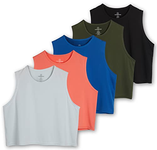 Real Essentials 5 Pack: Women's Dry Fit Crop Summer Tank Top - Gym Yoga Workout Sports Tee (Available in Plus Size)