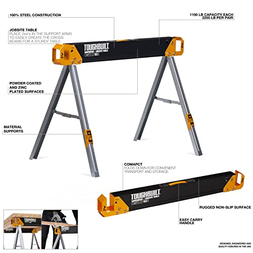 Toughbuilt - Sawhorses With 2X4 Support Arms 1100 Lb Capacity - Heavy Duty Construction With Fast Open Legs And Easy Grip Handle - (Tb-C500) - 2-Pack #TOP1