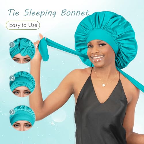 Image of BONNET QUEEN Silk Bonnet for Sleeping Satin Bonnet Women Hair Wrap Night Sleep Cap Scarf Wrap for Curly Hair with Tie Band, Large, Aqua