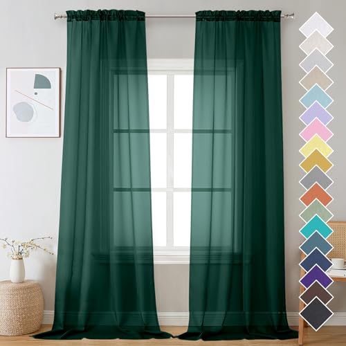 Image of OVZME Hunter Green Sheer Curtains 96 Inches Long 2 Panels - Soft Light Filtering Window Sheer Panels for Living Room /Bedroom, Top Dual Rod Pocket, 1 Pair, Each 42Wx96L Inches