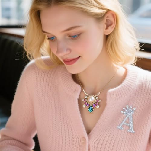 Image of Initial Letter Brooch Pins with Crown for Women Girls Men Boys Personalized Name Brooches Crafts Colorful Rhinestone Brooch Pins Silver A-Z