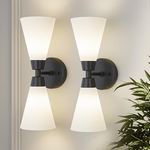 Image of Bathroom Sconces Set of 2, Matte Black Wall Sconces Set of Two, Bathroom Vanity Light with Milk Glass Shade, Modern Wall Light Fixtures for Bath Mirror Hallway Bedroom Living Room Kitchen, Hardwired
