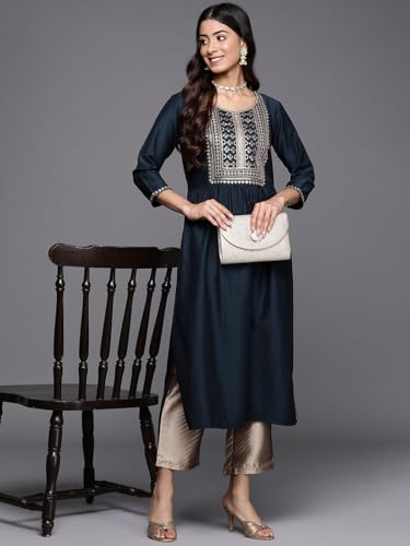 Image of Libas Women's Embellished Silk A-Line Kurta