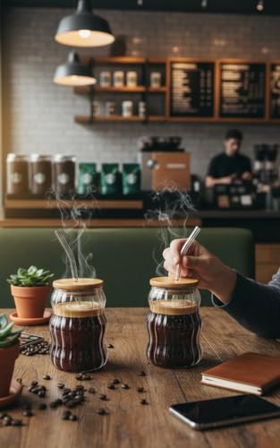 Image of Wave Shape Stripped Glass Coffee Tumbler (Pack of 2) with Wooden Lid and Straw, 550 ml, Transparent | Glass Tumbler for Coffee, ice Tea, Milk Shakes, Smoothies and Other Beverages