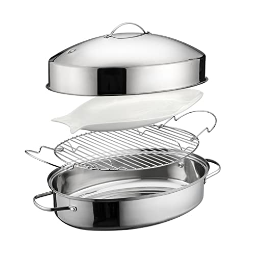 NPQPNAFC Roasting Pan Elliptical Stainless Steel Oval Fish Steamer Pot Set Induction Compatible Multi Use Turkey Roaster Cooking Pot for Chicken, Lamb, Vegetable(Regular)