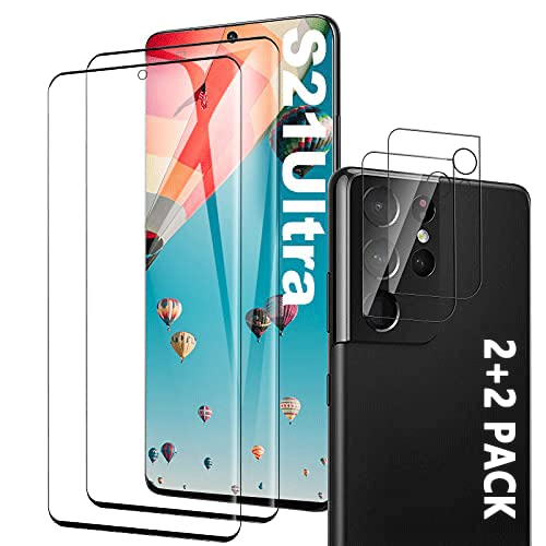 [2+2 Pack] Galaxy S21 Ultra Tempered Glass Screen Protector [3D Glass] + Camera Lens Protectors [Anti-Scratch] HD Fingerprint unlock Full Coverage Screen Protector for Samsung Galaxy S21 Ultra
