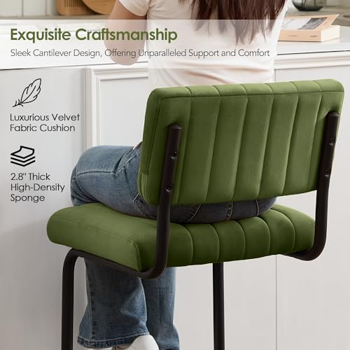 Image of ONEVOG 24 Inch Green Counter Bar Stools Set of 4, Mid-Century Modern Counter Height Cantilever Chairs for Kitchen Island, Upholstered Velvet Fabric Barstools with Back and Metal Leg, Olive Green
