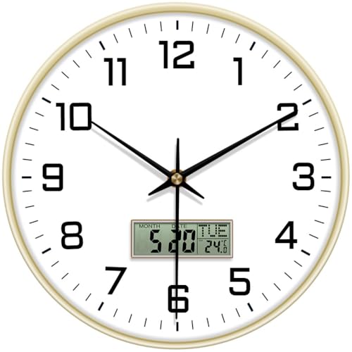 STAR WORK 12" Inch Modern Silent Non-Ticking Wall Clock with Analog & Digital Display | Large Easy-to-Read Number | Round Grain Design for Living Room, Office, Bedroom, Kitchen (White - Black Digital)