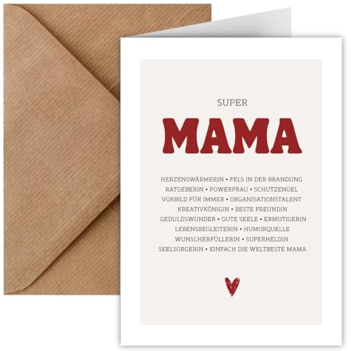 Karte Mama mit Umschlag | Klappkarte A6 Super Mama | Muttertagskarte | Glückwunschkarte Mama Geburtstag Muttertag | Karte für Mama zum Danke sagen | Geburtstagskarte Mutti (Super Mama Eigenschaften)