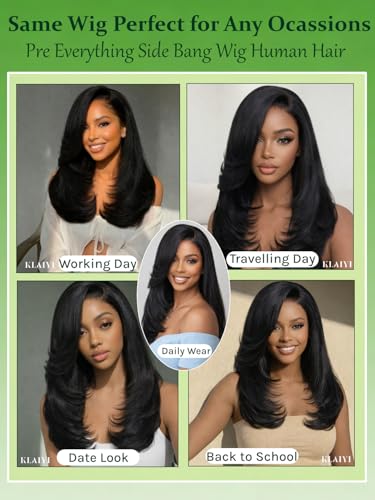 Image of KLAIYI Bye Bye Slip Side Part Yaki Straight Human Hair Glueless Precut 7x5 Lace Front Wigs Drawstring Blowout Feathered Layers Bangs Wig Pre Plucked Bleached Knots 30S Ready to Wear and Go Wig 14Inch