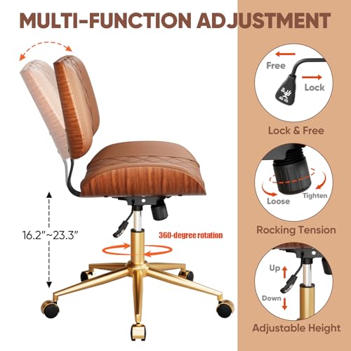 Image of Home Office Desk Chair with Swivel Wheels, Mid-Century Modern PU Leather Armless Office Chair, Small Mid Back Computer Chair for Home Office, Meeting Room