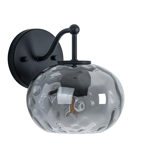 Image of Matte Black Wall Sconce Light Smoked Hammered Glass Vanity Lighting Modern Grey Shade Wall Lamp for Bathroom Over Mirror
