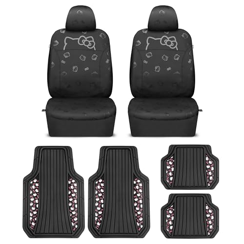 Carbella Hello Kitty PU Leather Car Seat Covers & Rubber Floor Mats Set - Black Front Seat Covers with 4pc Heavy Duty Non-Slip Car Mats for Cars Trucks SUV Cute Hello Kitty Car Accessories for Women