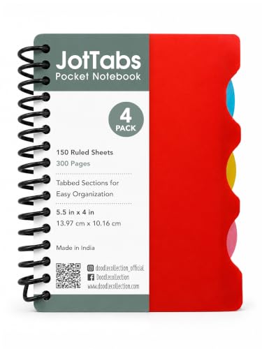 Image of DOODLE Set of 4 Pocket 5 Subject Notebooks | 300 Pages Each | Spiral Bound Mini Notebook with Color Indexed Tabs | Pocket Journal for School, College, Office & Note Taking
