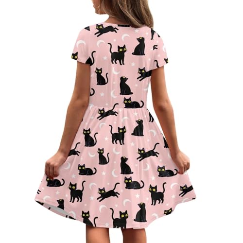 Image of Girls Dress with Pockets Basic Short Sleeve High Waist Swing Skater Dress School Party Dress for Kids