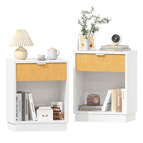 Image of Fluted Night Stand Set 2, Large Wood Bedside Table Set of 2 Nightstands Set of 2 with Drawer and Storage Shelf for Bedroom, Small Spaces