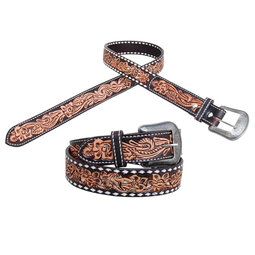 Circle Y Men' Floral Tooled 1.5" Wide Durable Vintage Finish Leather Casual Outdoor Western Cowboy Belt, Silver Etched Buckle4
