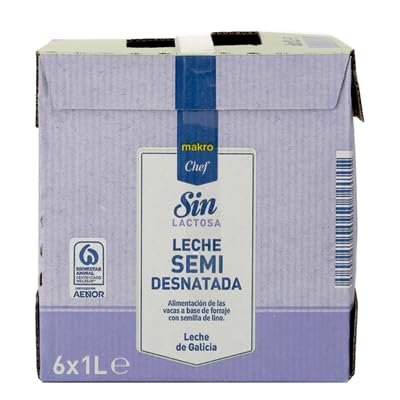 Makro Chef Leche Sin Lactosa - Desnatada, Entera y Semidesnatada - Pack de 6 x 1L | Leche de Galicia | Especial Hostelería (1 CAJA 6 L., Leche Semidesnatada Sin Lactosa Makro Chef)