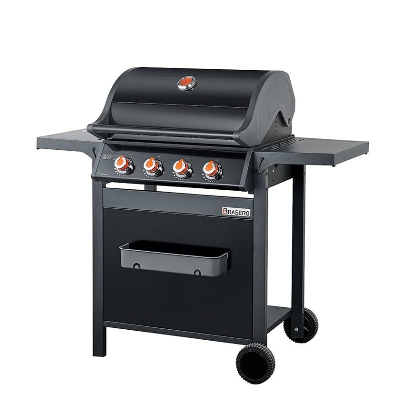 BRASERO BY FAVEX – Barbecue gaz Spring II 4 brûleurs – Surface mixte grille & plancha fonte – 12,6 kW – EASY CLEAN – Tablettes rabattables - Jusqu'à 12 convives - Noir