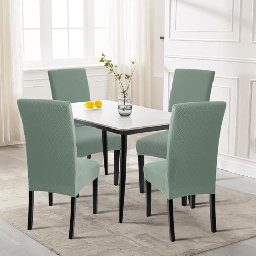 Image of SearchI Dining Room Chair Covers Set of 6, Stretch Jacquard Parsons Chair Slipcovers Removable Washable Kitchen Chair Protector Cover for Dining Room, Hotel, Ceremony (Sage Green Rhombus)