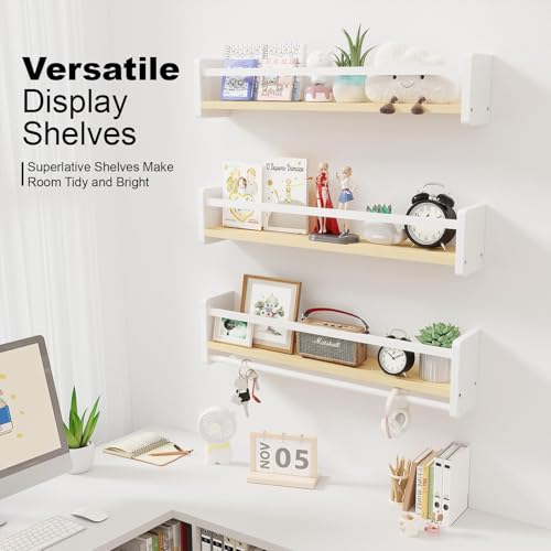Image of MXCSE Nursery Floating Bookshelf for Kids, Wall Mounted Kids Book Shelf with Toy Storage, Pine Wood Nursery Shelves for Playroom, Bedroom, Toddler Room, Set of 3 (White & Wooden, 16 in)
