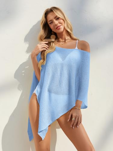 Image of UNCLECAT Women Mesh Knit Crochet Cover Up Spring Summer Sheer Poncho Tops Beachwear Vacation Outfits