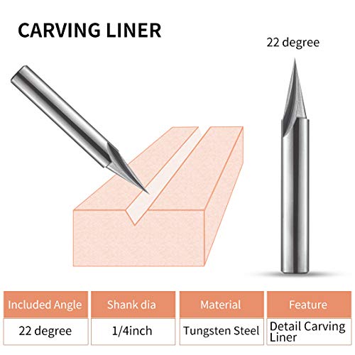 1/4" Shank 22-Degree Engraving Cnc Wood Carving Router Bits, V Groove Profile Bit, 5/8 Inch Cutting Length Carving Liner Router Bit, Tungsten Steel From Tackpro (1Pack) #TOP2