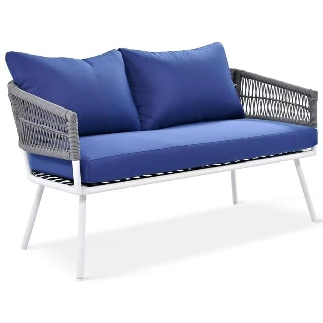 Image of 4 Outdoor Sofa Garden Balcony Sofa Patio Conversation Sofa Set with Coffee Table Wood Top for Living Room Lown Pool Rope Outdoor Chair Set-with-Wood-Table-for-Backyard(Nevy Blue)