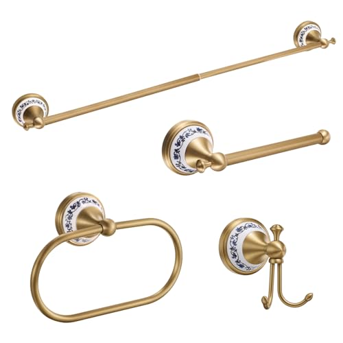 Otoolling 4 Pcs Antique Brass Gold & Porcelain Bathroom Accessories Set, Wall-Mounted Towel Rack & Towel Ring & Toilet Paper Holder & Robe Hook, Vintage Chinese Style Brass Bath Hardware Fixture Set