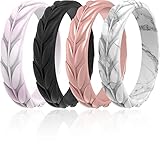 ThunderFit Silicone Wedding Rings for Women, Leaf Design Rubber Engagement Bands 5.2mm Wide 2mm Thick - 1/4/7 Variety Multipack (Black, Marble, Light Rose, Rose Gold, 5.5-6 (16.5mm))