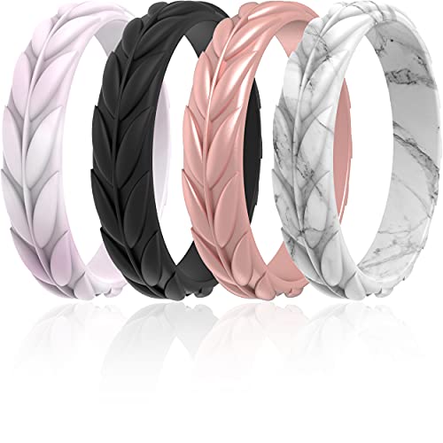 ThunderFit Silicone Wedding Rings for Women, Leaf Design Rubber Engagement Bands 5.2mm Wide 2mm Thick - 1/4/7 Variety Multipack