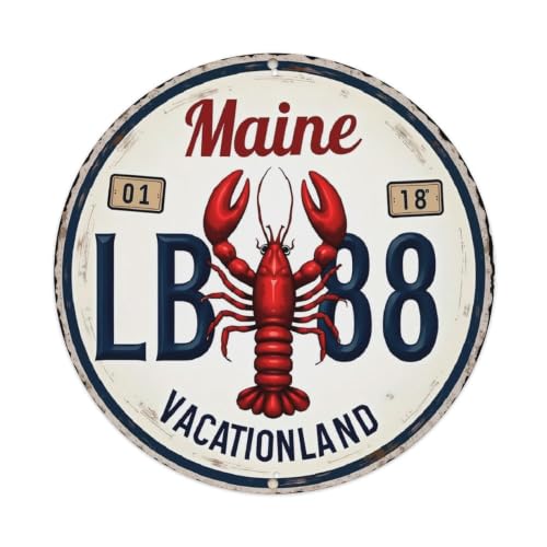 Maine Lobster License Plate Design Retro Metal Tin Sign, Vintage Wall Art Decor, Rustic Metal Poster for Home Bar Garage,Indoor Outdoor Decoration, 8 × 8 Inch