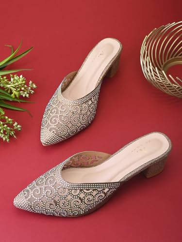 Image of XE Looks Women's Rhinestone Embellished Pointed Toe Mule Heels | Soft Cushioned Insole | Comfortable Stylish Slip-On Block Heel Sandals for Girls & Women