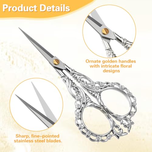 DOPENSPI Vintage Nähschere,Silber Kleine Stickschere Retro Handarbeitsschere Edelstahl Stoffschere Antik Europäischer Stil Bastelschere Handwerksscheren für Stoff Faden Schneiden DIY Werkzeug