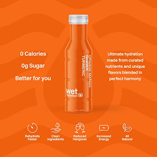 Wet Hydration, 0 Calorie, Functional Hydration Beverage, Orange Mango Ginger Turmeric (Pack Of 12) (Packaging May Vary) - Flavored Water, Sugar-Free, No Artificial Ingredients, Aloe Vera Vitamin D, Electrolytes For Replenishment, Antioxidants, Zero Calories #TOP1