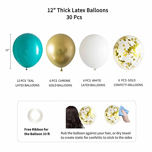 ANSOMO Teal Blue and Gold Happy Birthday Party Decorations Banner Turquoise Aqua Foil Fringe Curtain Tissue Pom Poms Balloons - Image 4