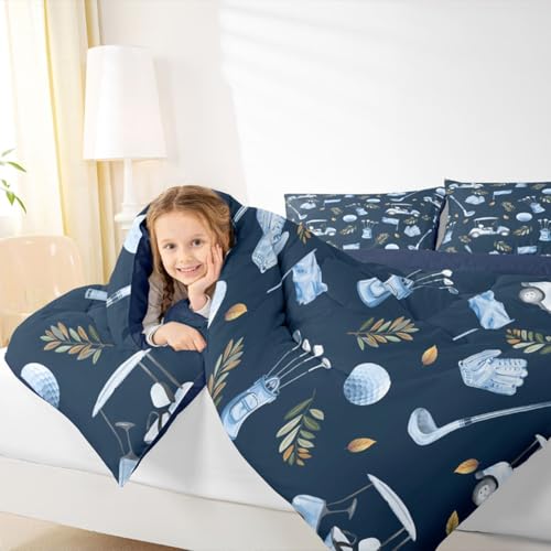 Image of Feelyou Navy Blue Golf Comforter Set King Size Leaves Bedding Set for Kids Boys Girls Sports Golfing Theme Duvet Quilt Bedroom Decor Microfiber 3 Pcs with 2 Pillow Cases