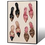Pink Bow Leopard Heels Canvas Wall Art Funky Heel Leopard Posters Coquettish Preppy Girly Pink Aesthetic Prints Painting For Living Room Bedroom Dorm Apartment Wall Decor 12x16in Unframed
