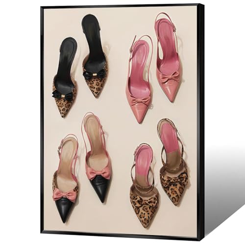 Pink Bow Leopard Heels Canvas Wall Art Funky Heel Leopard Posters Coquettish Preppy Girly Pink Aesthetic Prints Painting For Living Room Bedroom Dorm Apartment Wall Decor 12x16in Unframed