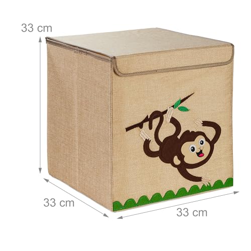 Relaxdays Aufbewahrungsbox, Affen-Motiv, Stoffbox für Kinder, faltbar, HBT: 33 x 33 x 33 cm, Spielzeugbox, beige/braun