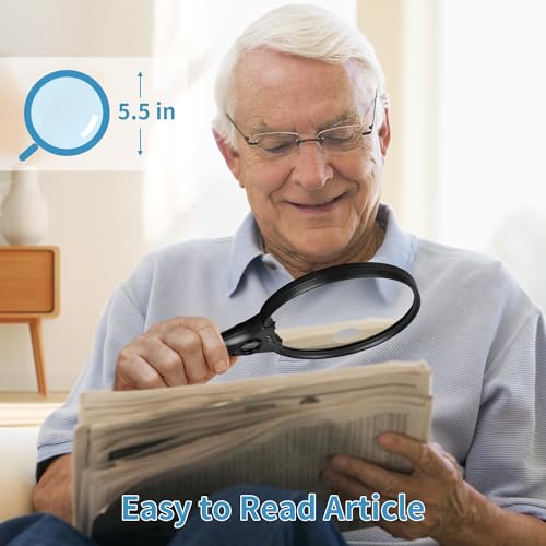 JARLINK Large Magnifying Glass with Light, 10X 20X 45X Illuminated Handheld Magnifier with 3 LED Lights for Seniors Reading, Inspection Coins Jewelry, Exploring, Black