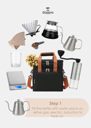 Image of DOPPIO Coffee Maker Dripper Set, 9-Pcs Pour Over Coffee Maker Brewing Set with 600ml Glass, Gooseneck Kettle, V60 Glass, Dripper & Carry Case,Gift-Grey (Premium Kit) for Home,Office & travelling