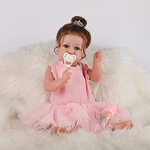 LXTIN Reborn Dolls Rebirth Doll Réaliste Reborn Baby Dolls avec Robe Rose 23 Pouces Blue Eyes Girl Newborn Doll Soft Full Silicone Body Nurturing Dolls Lavable Toddler Doll Christmas GIF Cover