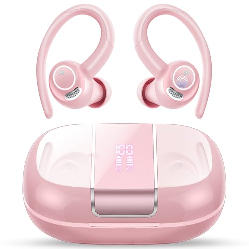 Wireless Earbuds Bluetooth 5.3 Headphones Sports, 48H Earphone with ENC Mic, Stereo Deep Bass Bluetooth Earbuds with Secure Earhooks, LED Display, IPX7 Waterproof Over Ear Bud for Running/Workout Rose