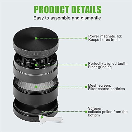 HOMEC Herb Grinder Zinc Alloy - 4 Layer Easy to Grip Metal Grinder for Smooth Grinding with Scraper, Magnetic Lid, Pollen Catcher and Mesh Filter - 2x1.5inch Black