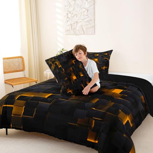 Image of Erosebridal Black and Orange Comforter Set Full Neon Geometric Checkered Bedding Set for Kids Boys Adults Men,Stereoscopic Grid Plaid Comforter Glowing Square Bed Duvet Set 3 Pcs