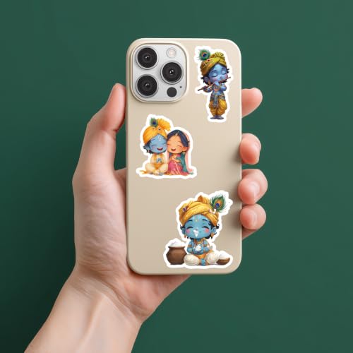 Image of Cute Krishna Sticker Pack of 60 - Waterproof Vinyl Devotional Stickers for Laptop, Water Bottle, Notebook, Journal, Phone Case, Scrapbook & DIY Decoration | Adorable Spiritual Character Collection