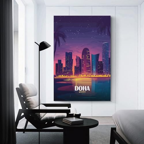 sinyumoney Doha Qatar Skyline at Night Tableau Abstrait Pour Salon, Salle De Bain, Toilettes,...