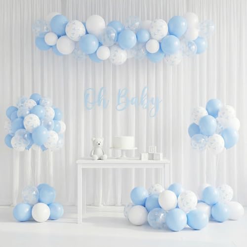 Image of HILAVO Blue Bow Balloons, 12 Inch Pastel Light Blue Transparent White Bow Print Coquette Balloon for Girls Birthday Bachelorette Party Bridal Baby Shower Wedding Anniversary Decorations Supplies