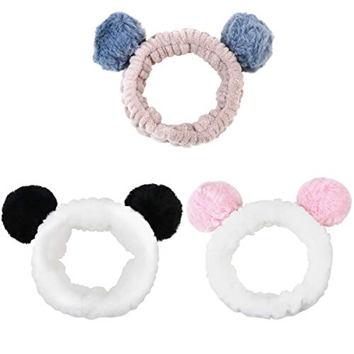 Fansunta 3 Pack Panda Ears Headbands, Women Washing Face Makeup Girls Baby Cute Elastic Facial Hair Bands(Black, Grey and Pink)